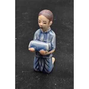 Vintage Ceramic Figurine Asian Boy Kneeling Offering a Gift Blue Unmarked